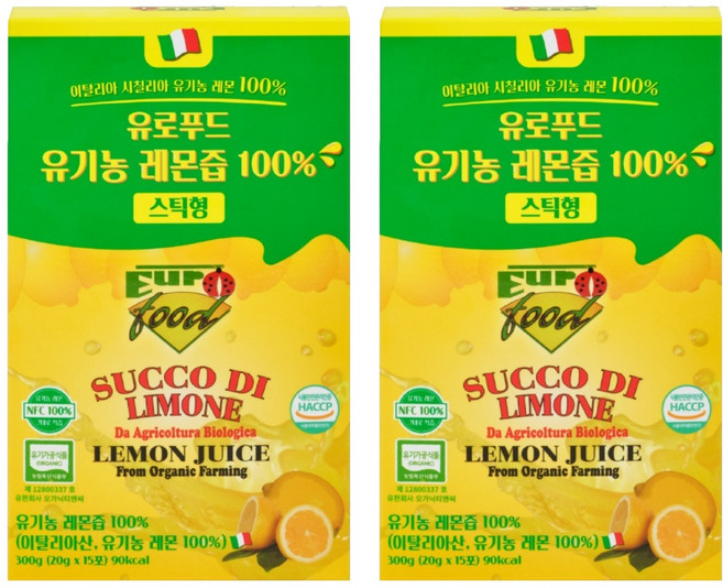 유로푸드 유기농 레몬즙 100% 스틱형, 300g, 2개
