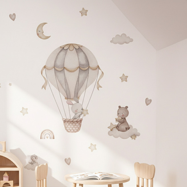 LANO 구름 하늘 열기구 포인트 인테리어 벽지 스티커, 구름하늘