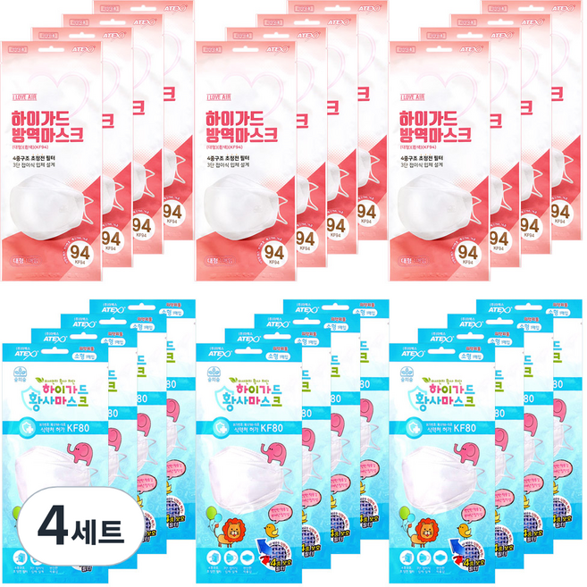 아이러브에어 하이가드 방역 황사마스크 2종 세트 화이트 대형 KF94 12p + 소형 KF80 12p, 4세트