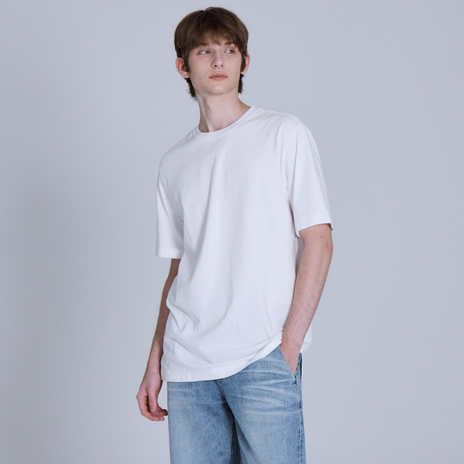 베이직하우스 남녀공용 통기성 16수 레이어드 라운드 반팔 티셔츠