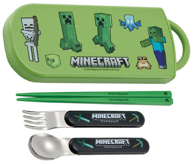 Skater 日本境內版 日本製 三件餐具組 3支, 我的世界 創世神 Minecraft 麥塊 綠色, 含手把收納盒 + 筷子 + 湯匙 + 叉子, 1組