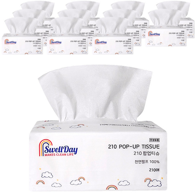 스웰데이 210 팝업 천연펄프 미용티슈 2겹, 210매입, 12개