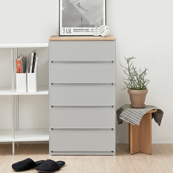 코멧 폭 넓은 우드상판 모던 서랍장, 그레이, 5단