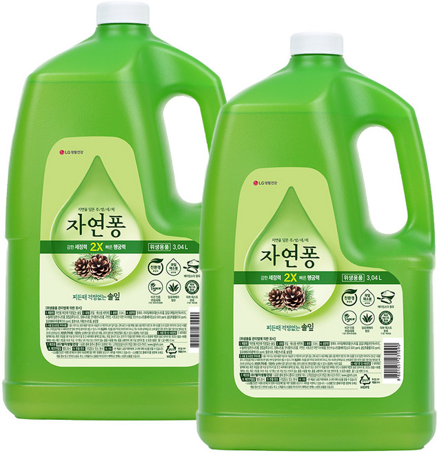 [비건라이프] 자연퐁 찌든때 걱정없는 주방세제 솔잎 용기형 리필, 3.04L, 2개