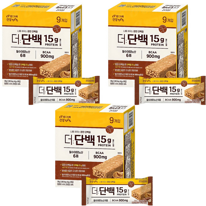 빙그레 더단백 크런치바 피넛버터 9p, 360g, 3개