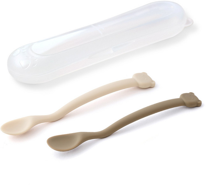 아띠래빗 유아용 아기곰 실리콘 곡선형 이유식 스푼 2종 + 케이스 세트, 아이보리, 브라운, 1세트