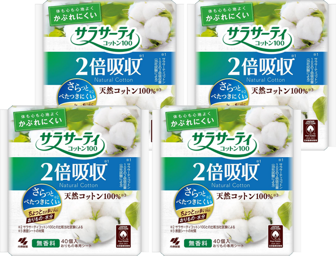 KOBAYASHI 小林製藥 棉花衛生棉 兩倍吸收 無香料, 40片, 4包, S
