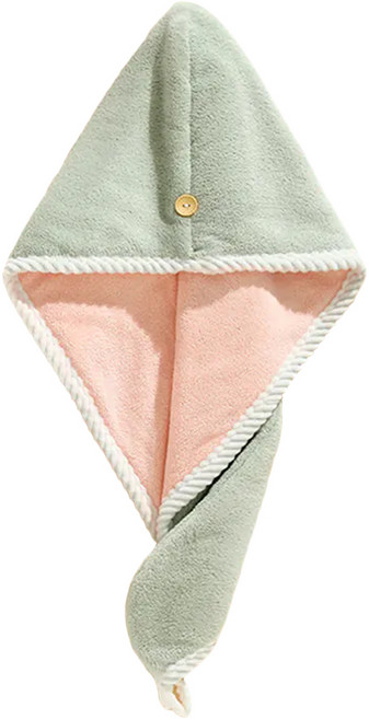 日式吸水纖維速乾頭巾 乾髮帽 包髮巾 柔軟珊瑚絨布料 雙層加厚 正反兩用 雙口可調節, 綠粉色, 1個