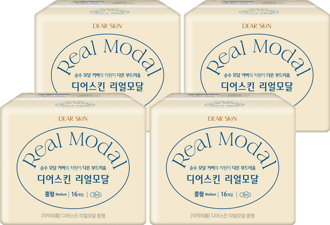 디어스킨 리얼모달 생리대 날개형, 중형, 16개입, 4개