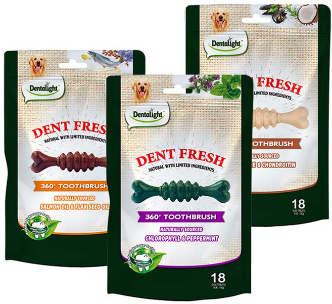 덴탈라이트 강아지 덴탈 프레쉬 360도 칫솔 덴탈껌, 입냄새 제거 + 모질개선 + 관절보호, 150g, 3개