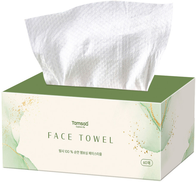탐사 100% 순면 엠보싱 일회용 페이스 타올 60매, 화이트, 1개