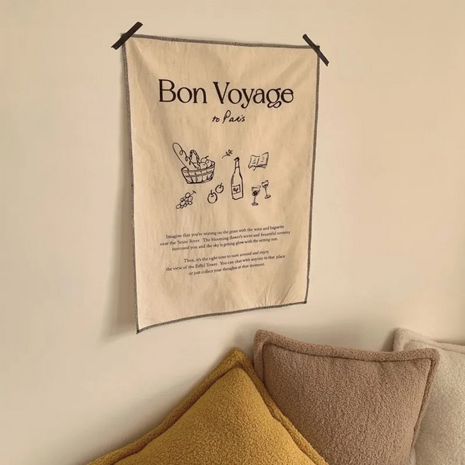 ins裝飾掛布 Bon Voyage to Paris 棉麻掛布, 南法鄉村野餐風 米色