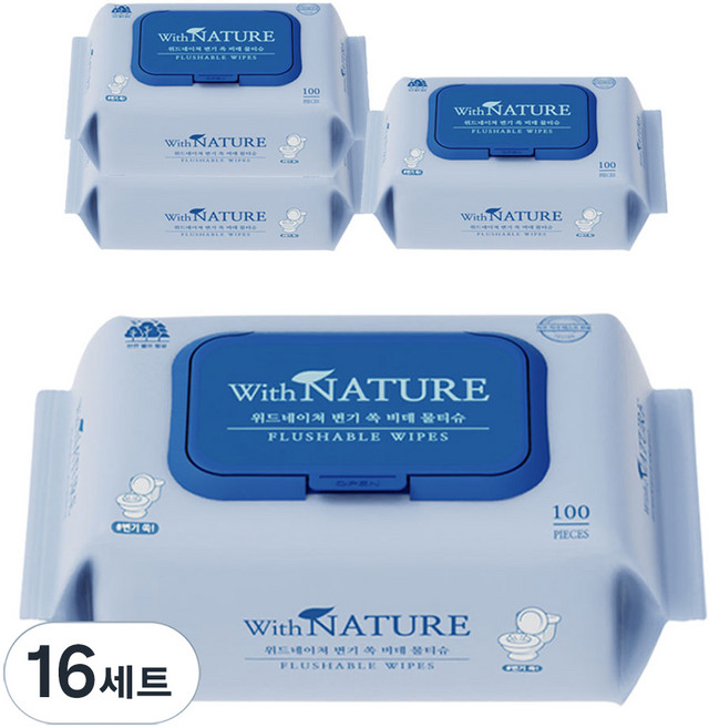 위드네이쳐 변기 쏙 비데 물티슈, 16개, 100매, 70g