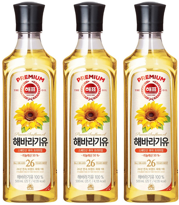 해표 해바라기유, 500ml, 3개