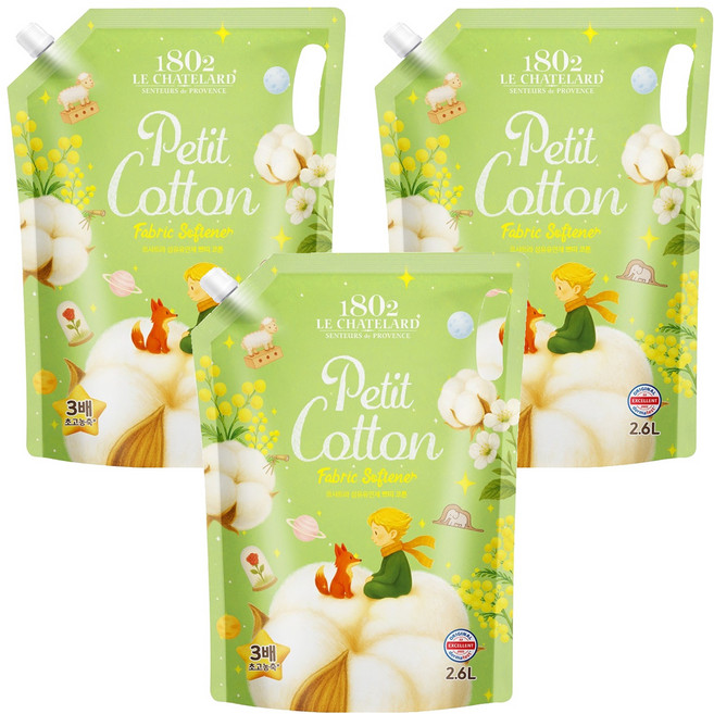 르샤트라1802 섬유유연제 쁘띠코튼 리필, 2.6L, 3개