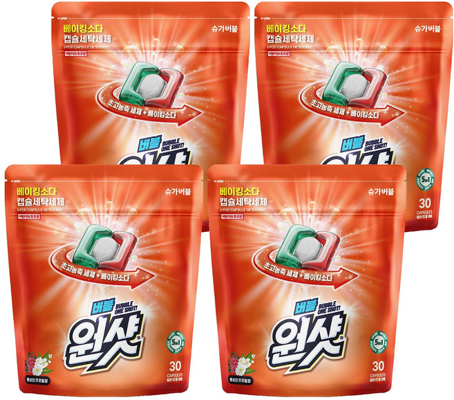 슈가버블 버블원샷 베이킹소다 플로럴향 캡슐세제, 30개입, 4개