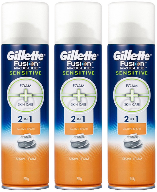 질레트 퓨전 프로글라이드 센서티브 2in1 액티브 스포츠 쉐이빙 폼, 3개, 245g