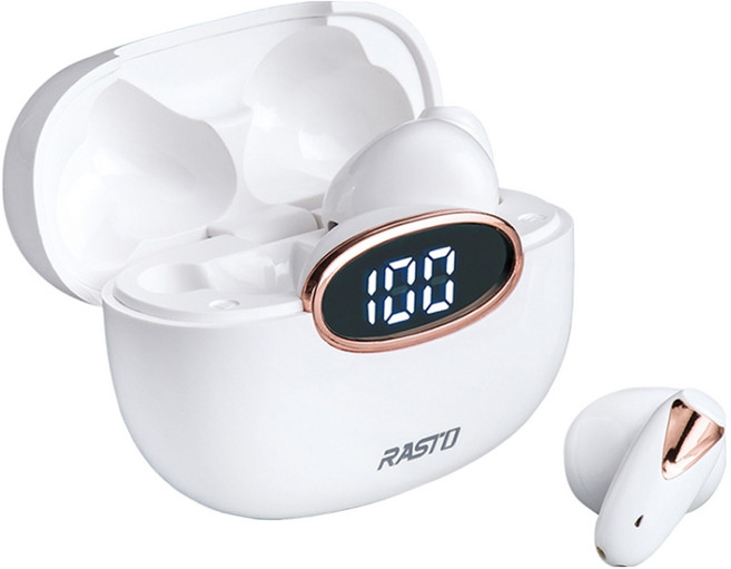 RASTO 純白晶石電量顯示真無線藍牙5.3耳機, RS46, 白色