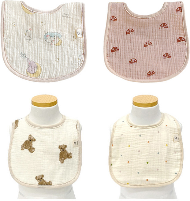 LuxuryBaby 6層楊柳紗圍兜 基本款 B組, 大象 + 熊熊 + 彩虹 + 迷你圓點, 4入, 1套