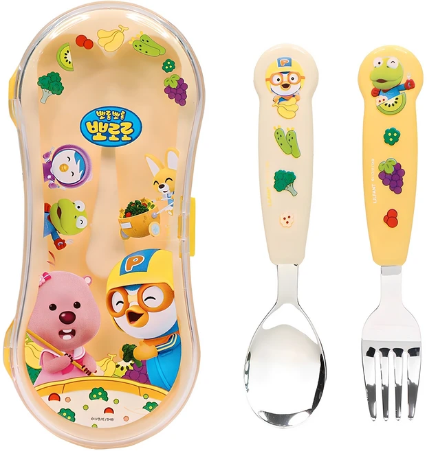 릴팡 뽀로로잡스 입체 편한 어린이 스푼 + 포크 + 케이스 세트 PR5980, 혼합색상, 1세트 - 쿠팡