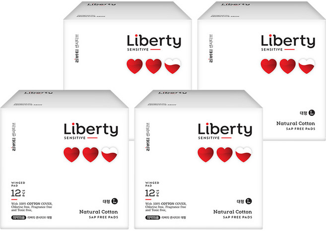 리버티오가네이처 무샙 순면커버 센시티브 생리대, 대형, 12개입, 4개