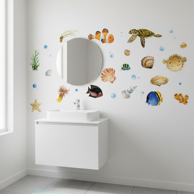 LANO 바닷속 친구들 욕실 포인트 인테리어 벽지 스티커, 바닷속친구들
