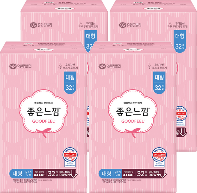 좋은느낌 오리지널 울트라슬림 생리대 날개형, 대형, 32개입, 4개