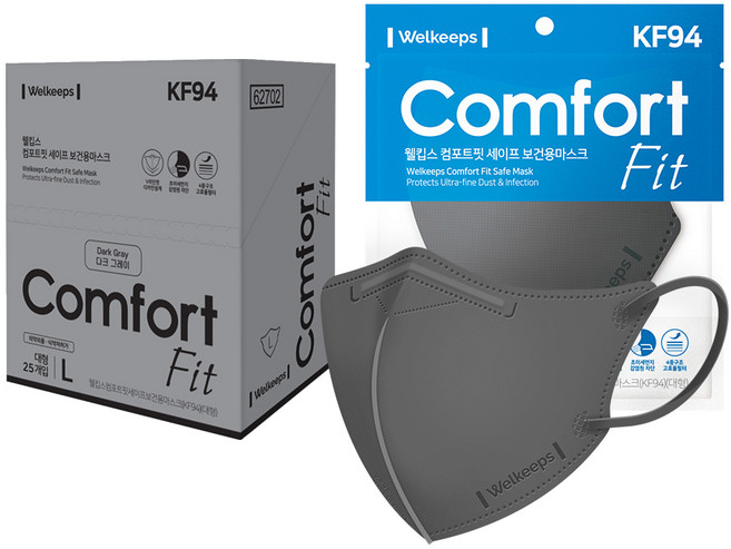 웰킵스 컴포트핏 세이프 보건용 컬러 마스크 대형 새부리형 KF94, 1개입, 25개, 다크그레이