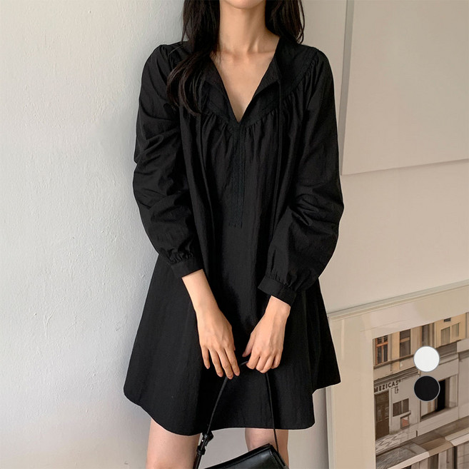 afinar 女款寬鬆抓皺襯衫式洋裝, 黑色