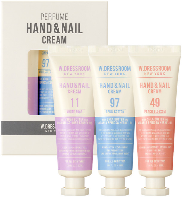 W.DRESSROOM 多麗絲 香氛護手護甲霜3件組禮盒 白皂香 + 四月棉 + 蜜桃花, 1個