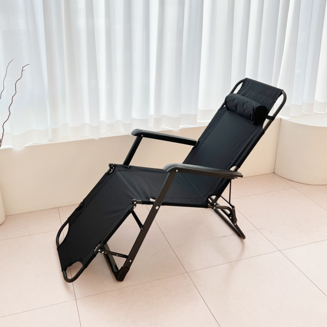 오브민 접이식 리클라이너 침대 의자 + 헤드쿠션 세트, 블랙