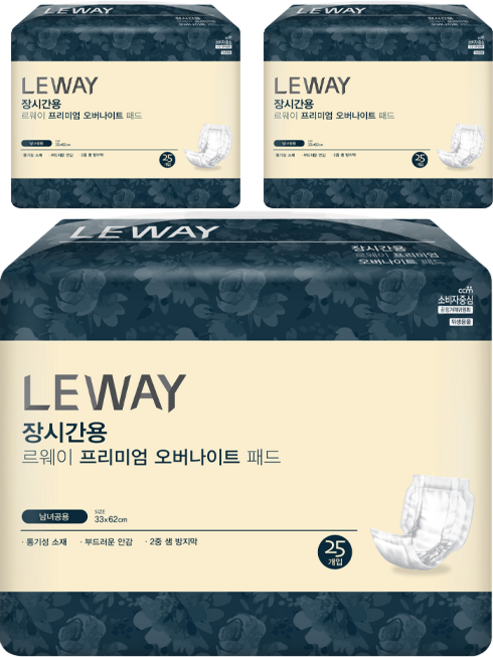미래생활 남녀공용 르웨이 장시간용 프리미엄 오버나이트 패드형 성인기저귀, 25매입, 3개
