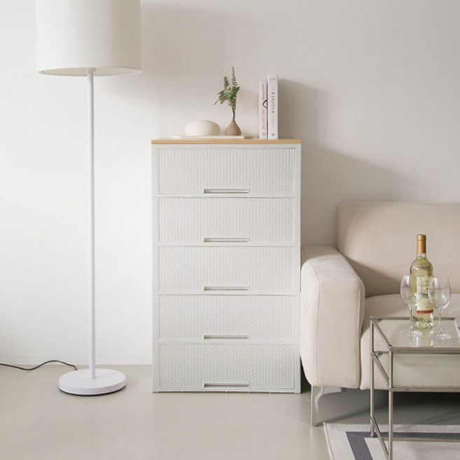 코멧 국내생산 라탄 우드상판 서랍장, 화이트(우드 상판), 5개