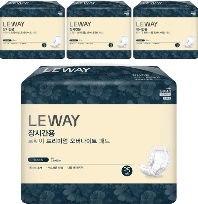 미래생활 남녀공용 르웨이 장시간용 프리미엄 오버나이트 패드형 성인기저귀, 25매입, 4개