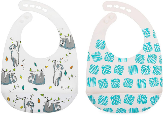 Nuby 矽膠圍兜, 悠閒樹懶 + 塗鴉方塊, 1組, 1組