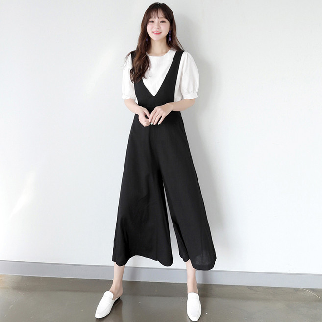 빼빼 여성 통기성 와이드핏 린넨 멜빵 점프수트