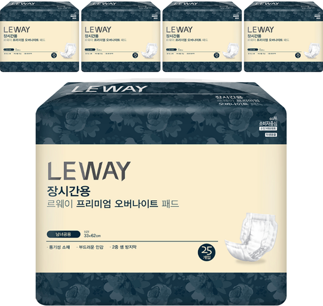 미래생활 남녀공용 르웨이 장시간용 프리미엄 오버나이트 패드형 성인기저귀, 25매입, 5개