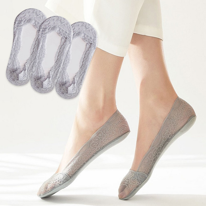 두발로 여성용 논슬립 레이스 덧신 3켤레 세트