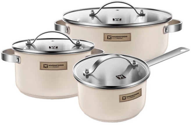 WAGENSTEIGER 農夫系列IH電磁爐不鏽鋼鍋具3件組, 農夫象牙白, 18cm單柄鍋+20cm雙耳鍋+26cm火鍋, 1套