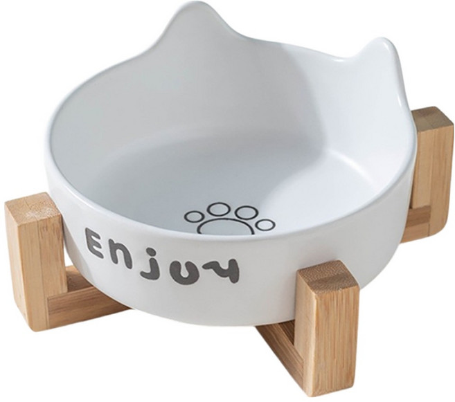 毛皇上 貓耳陶瓷碗 + 木架 單碗款, 白色, 1組