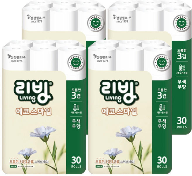리빙티슈 3겹 에코스마일 롤화장지, 22m, 30개입, 4개