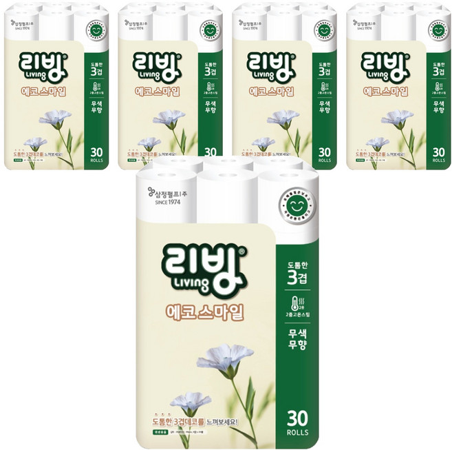 리빙티슈 3겹 에코스마일 롤화장지, 22m, 30개입, 5개