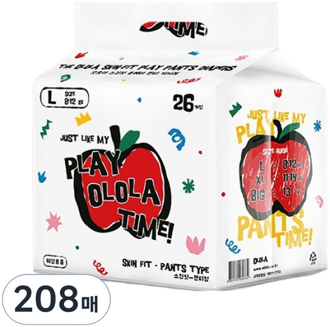 OLOLA 스킨핏 플레이 팬티형 기저귀 아동공용, 대형(L), 208매