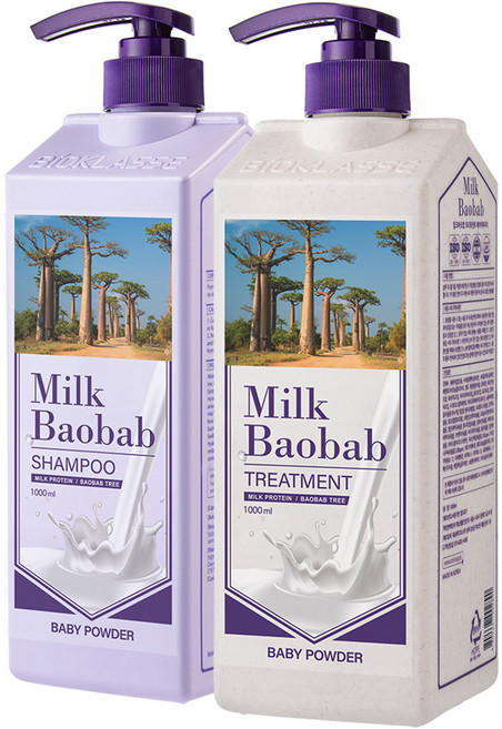 밀크바오밥 대용량 손상모 단백질 베이비파우더 샴푸 1000ml + 단백질 트리트먼트 1000ml, 1세트