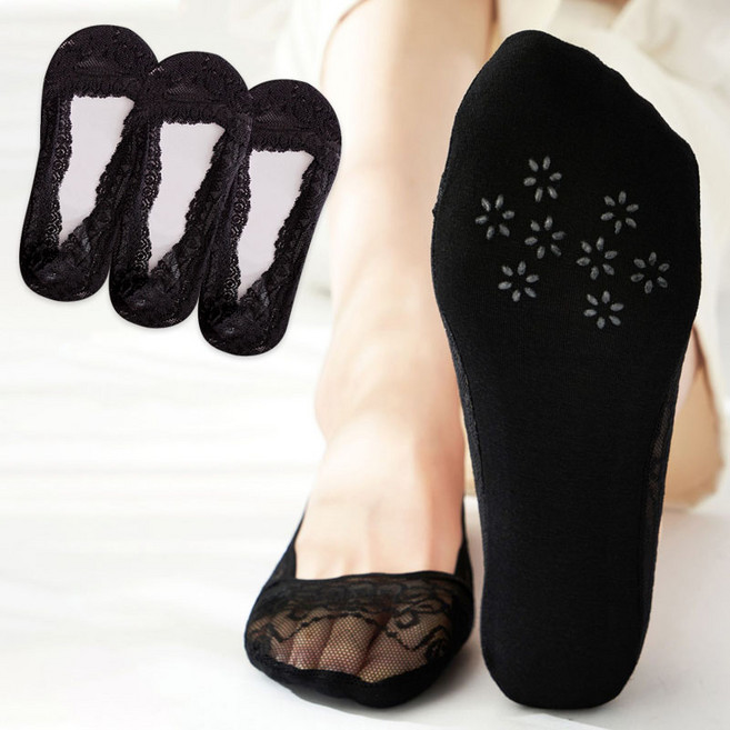 두발로 여성용 논슬립 레이스 덧신 3켤레 세트