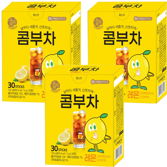 SONGWON 康普茶隨身飲 檸檬口味, 5g, 30條, 3盒