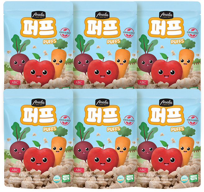 아넬라 유기농 퍼프 쌀과자, 혼합맛(사과/비트/당근), 20g, 6개