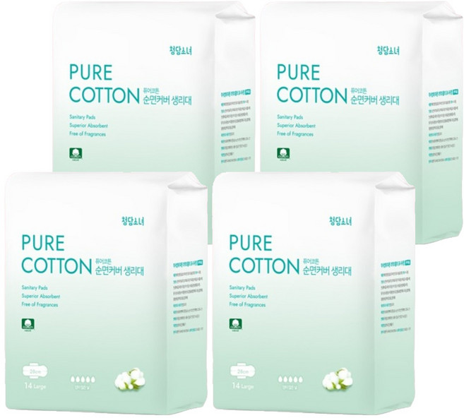 청담소녀 퓨어코튼 순면 생리대 날개형, 4개, 14개입, 대형