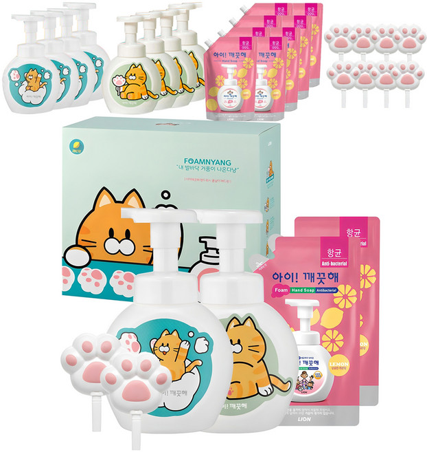아이깨끗해 폼냥이 핸드워시 레몬향 250ml 2p + 리필 200ml 2p + 거품툴 2p + 폼냥이스티커 2p, 900ml, 5개
