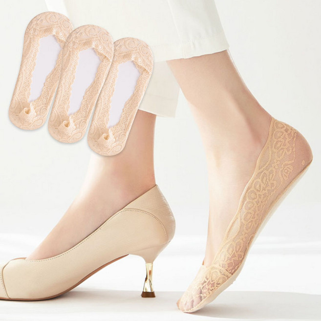 두발로 여성용 논슬립 레이스 덧신 3켤레 세트